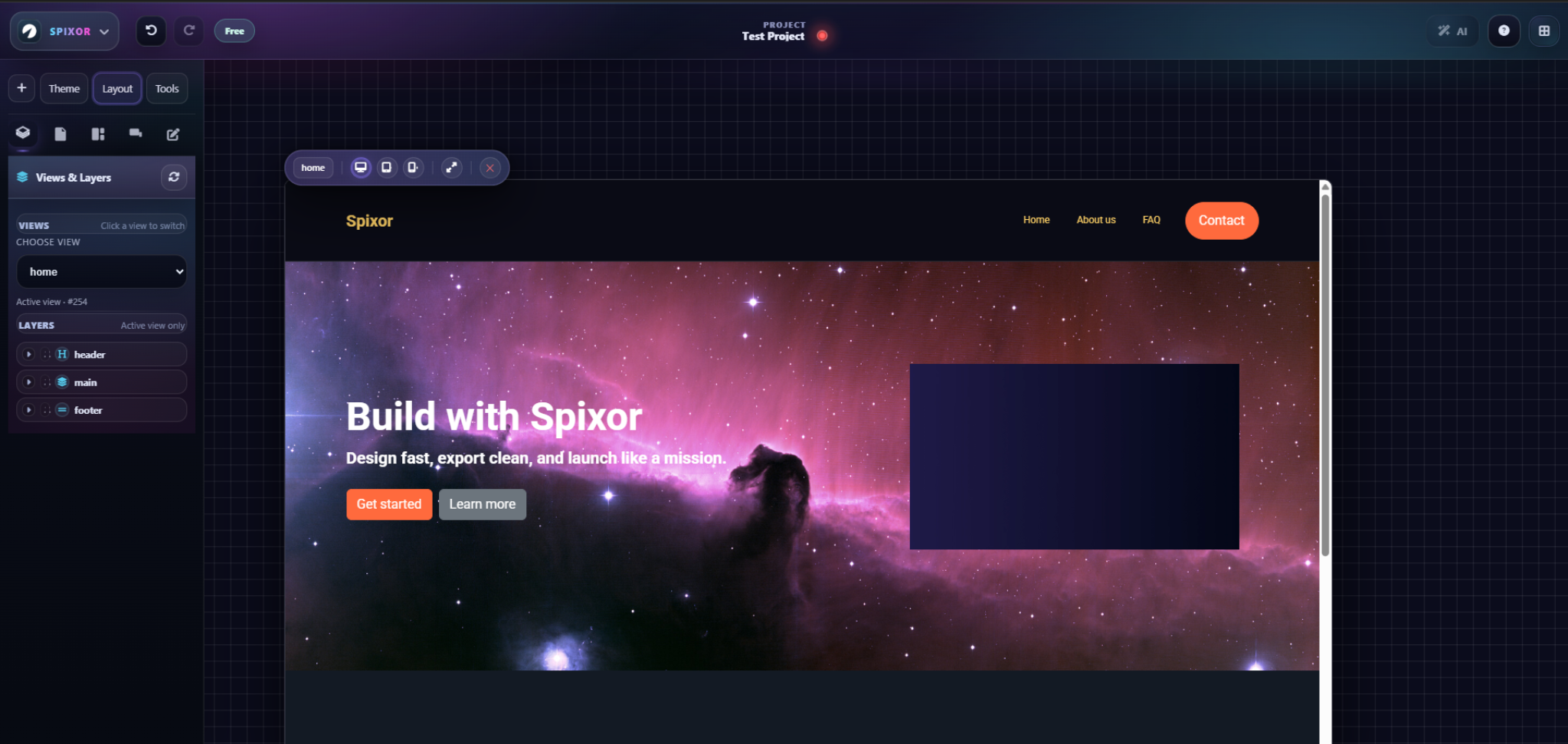 Spixor builder preview with live layers focus