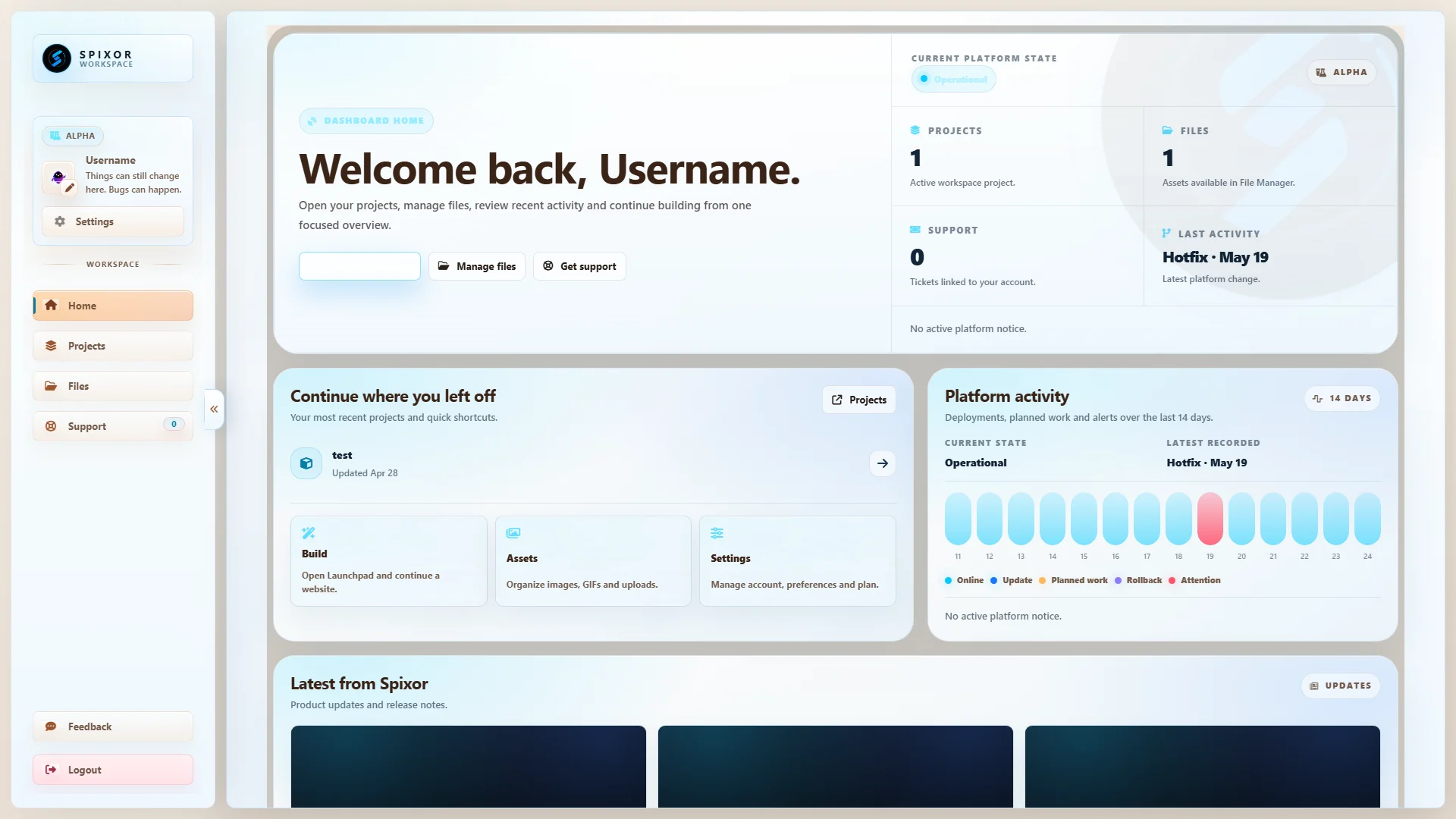 Spixor dashboard in light mode