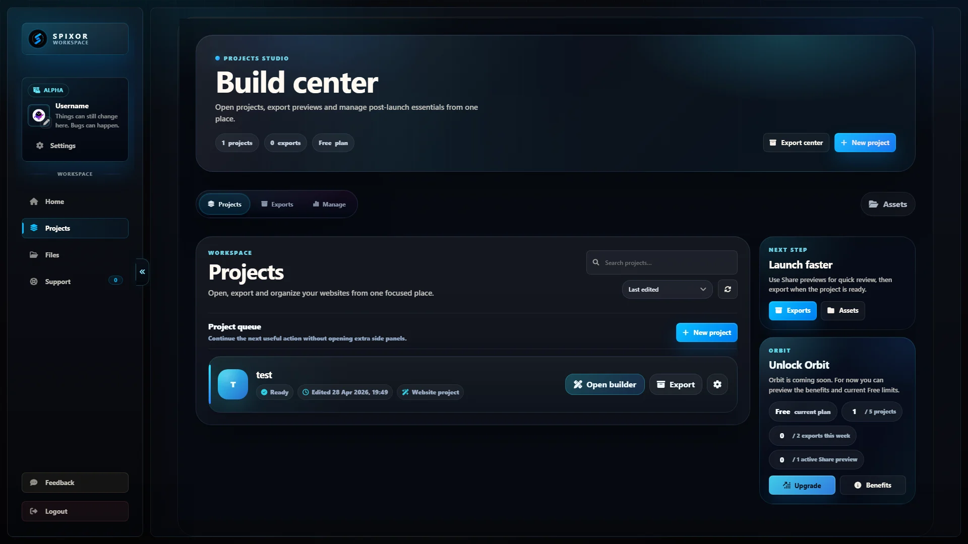 Spixor export-first workflow from the dashboard