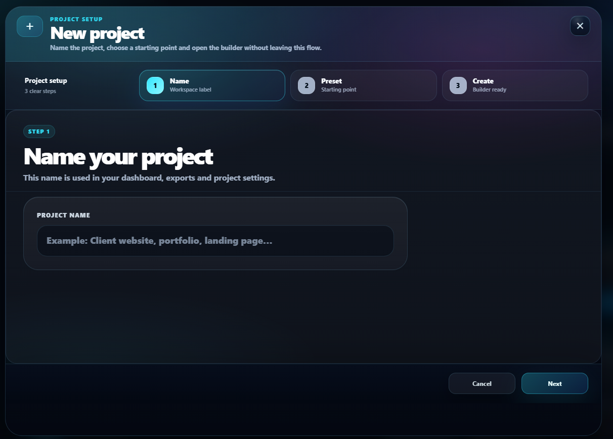 Spixor create project modal