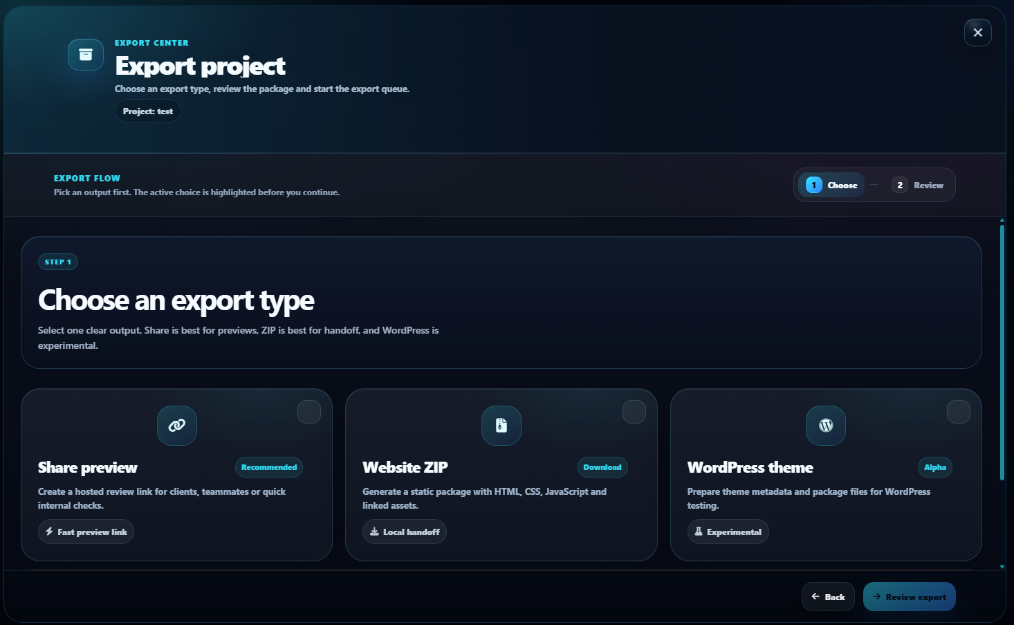 Spixor export modal